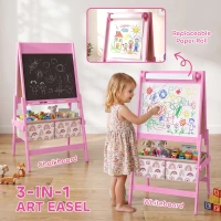 Qaba Art Easel for Kids, 3-in-1 Double-Sided Kids Easel with Chalkboard, Whiteboard, Paper Roll, 2 Storage Bins for 3-8, Pink(m-4)