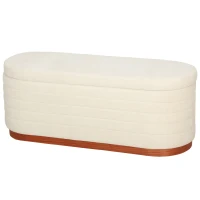 HOMCOM Storage Ottoman Bench Oval Chenille Upholstered Ottoman with Storage Chest, Cream White(m-1)
