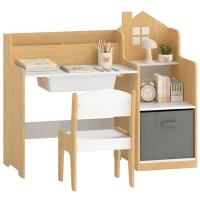 Qaba Kids Desk and Chair Set with 2 Desktop Cubbies, Fabric Bin, Plastic Drawer, Bookshelf, Anti-Tip Device for 3-8 Years(m-11)