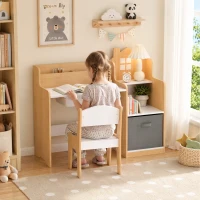 Qaba Kids Desk and Chair Set with 2 Desktop Cubbies, Fabric Bin, Plastic Drawer, Bookshelf, Anti-Tip Device for 3-8 Years(m-10)