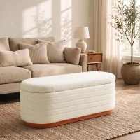 HOMCOM Storage Ottoman Bench Oval Chenille Upholstered Ottoman with Storage Chest, Cream White(m-9)