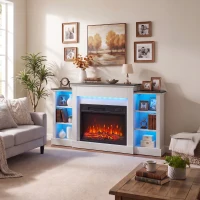 HOMCOM 55" Fireplace TV Stand for TVs up to 65", Entertainment Center TV Console, RGB LED Strips, 6 Shelves, White Wood Grain(m-10)