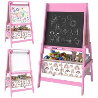 Qaba Art Easel for Kids, 3-in-1 Double-Sided Kids Easel with Chalkboard, Whiteboard, Paper Roll, 2 Storage Bins for 3-8, Pink(m-13)