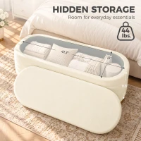 HOMCOM Storage Ottoman Bench Oval Chenille Upholstered Ottoman with Storage Chest, Cream White(m-4)