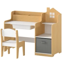 Qaba Kids Desk and Chair Set with 2 Desktop Cubbies, Fabric Bin, Plastic Drawer, Bookshelf, Anti-Tip Device for 3-8 Years(m-1)