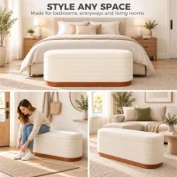 HOMCOM Storage Ottoman Bench Oval Chenille Upholstered Ottoman with Storage Chest, Cream White(m-7)