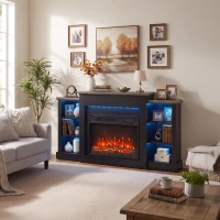 HOMCOM 55" Fireplace TV Stand for TVs up to 65", Entertainment Center TV Console, RGB LED Strips, 6 Shelves, Black Wood Grain(m-10)