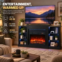 HOMCOM 55" Fireplace TV Stand for TVs up to 65", Entertainment Center TV Console, RGB LED Strips, 6 Shelves, Black Wood Grain(m-4)