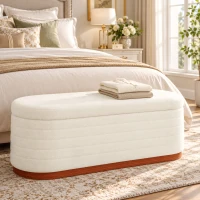HOMCOM Storage Ottoman Bench Oval Chenille Upholstered Ottoman with Storage Chest, Cream White(m-10)