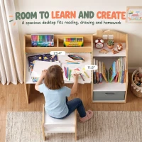 Qaba Kids Desk and Chair Set with 2 Desktop Cubbies, Fabric Bin, Plastic Drawer, Bookshelf, Anti-Tip Device for 3-8 Years(m-6)