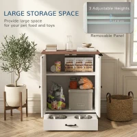 PawHut Pet Feeding Station, Dog Food Storage Cabinet w/ Raised Dog Bowls, Adjustable Panel, Hooks for Medium Dogs, White(m-5)