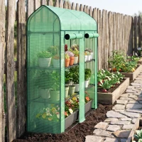 Outsunny 3 Tier Mini Greenhouse, Small Portable Greenhouse with 2 Roll-up Doors, 56.3" x 18.1" x 65", Green(m-9)