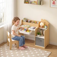 Qaba Kids Desk and Chair Set with 2 Desktop Cubbies, Fabric Bin, Plastic Drawer, Bookshelf, Anti-Tip Device for 3-8 Years(m-2)