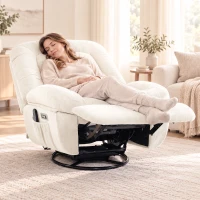 HOMCOM Oversized Power Recliner Chair with Massage and Heat, USB Port, Overstuffed Chenille Swivel Rocker Recliner, Cream White(m-2)