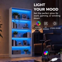 HOMCOM Bookshelf with LED Lights, 5-Tier Bookcase, Cable Holes, for Living Room, Study, White Wood Grain(m-5)