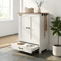 PawHut Pet Feeding Station, Dog Food Storage Cabinet w/ Raised Dog Bowls, Adjustable Panel, Hooks for Medium Dogs, White(m-8)