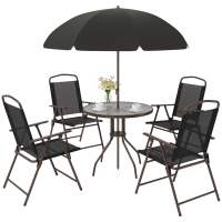 Outsunny 6 Piece Patio Dining Set for 4 with Umbrella, Outdoor Table and Chairs with 4 Folding Dining Chairs & Round Glass Table for Garden, Backyard and Poolside, Black and Coffee