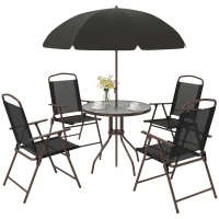 Outsunny 6 Piece Patio Dining Set for 4 with Umbrella, Outdoor Table and Chairs with 4 Folding Dining Chairs & Round Glass Table for Garden, Backyard and Poolside, Black and Coffee(m-1)