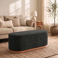HOMCOM Storage Ottoman Bench Oval Chenille Upholstered Ottoman with Storage Chest, Dark Gray(m-9)