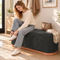 HOMCOM Storage Ottoman Bench Oval Chenille Upholstered Ottoman with Storage Chest, Dark Gray(m-8)