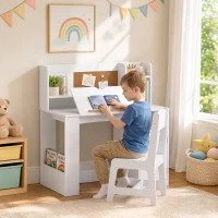 Qaba Kids Desk and Chair Set, Wooden Children Study Table with Tiltable Desktop, Storage Cabinet, Hutch for 3-12, White(m-10)