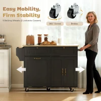HOMCOM Kitchen Island Cart with Charging Station and Drop Leaf, Kitchen Island Table on Wheels with Trash Can Cabinet, Black(m-9)
