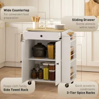 HOMCOM Rolling Kitchen Island with Tabletop, Kitchen Cart with Storage, Drawer, Cabinet,  Spice Rack and Towel Bar, White(m-4)