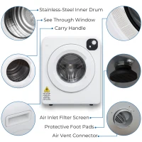 HOMCOM Compact Laundry Dryer 1300W Portable Clothes Dryer with 3.2 cu.ft Stainless Steel Drum, Front Load Electric Dryer, White(m-5)