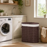 HOMCOM 26.4Gal/100L Handwoven Laundry Hamper with Lid, Double Laundry Basket with Removable Washable Inner Bag, Brown(m-9)