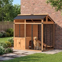 PawHut 7' x 5' Extra Large Dog House, Wood Outdoor Dog Kennel with Platform, Storage Cabinet for Large Breeds, Yellow(m-9)