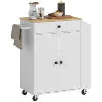 HOMCOM Rolling Kitchen Island with Tabletop, Kitchen Cart with Storage, Drawer, Cabinet,  Spice Rack and Towel Bar, White(m-1)