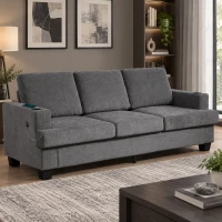 HOMCOM 3 Seater Sofa with USB Ports & Cup Holders, Chenille-Feel Upholstered Couch for Living Room, Grey(m-8)