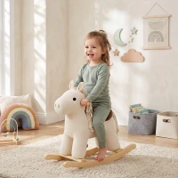 Qaba Baby Rocking Horse, Wooden Ride on Horse Toy with Realistic Sound and Rocking Limiter, Plush Ride-On Rocker for Toddlers(m-2)