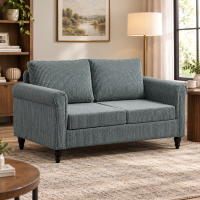HOMCOM Vintage Loveseat, Upholstered Love Seat Furniture, Fabric 2 Seater Sofa with Rolled Arms, Rubber Wood Legs, Grey