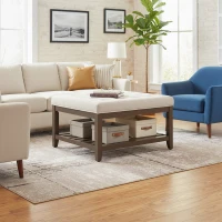 HOMCOM Ottoman Coffee Table, 32 Inch Square Footrest Ottoman with Storage, Linen Upholstered Tufted Footstool, Beige(m-9)