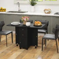 HOMCOM Drop Leaf Dining Table, Mobile Folding Table on Wheels with Drawers and Cabinet for Dining Room, Kitchen, Black(m-9)