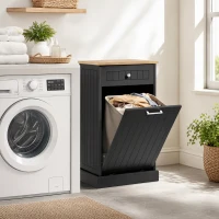HOMCOM 10 Gallon Tilt Out Trash Cabinet, Wooden Hidden Trash Can with Storage Drawer for Kitchen, Laundry Hamper Cabinet for Bathroom, Black(m-10)