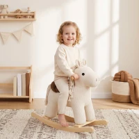 Qaba Baby Rocking Horse, Wooden Ride on Horse Toy with Realistic Sound and Rocking Limiter, Plush Ride-On Rocker for Toddlers(m-10)