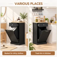HOMCOM 10 Gallon Tilt Out Trash Cabinet, Wooden Hidden Trash Can with Storage Drawer for Kitchen, Laundry Hamper Cabinet for Bathroom, Black(m-6)