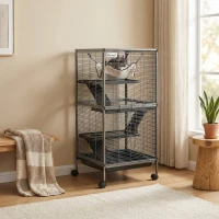 PawHut Metal Small Animal Cage Rolling Big Ferret Cage, Chinchilla Cage, Sugar Glider Cage, with Hammock & 4 Tiers, Removable Tray, Gray(m-8)