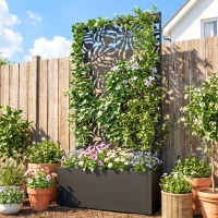 Outsunny Metal Planter Box with Trellis, 71" Tall Raised Garden Bed with Privacy Screen and Drainage Holes, Banana-Leaf Cut-Outs(m-9)