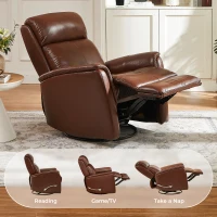Genuine Leather Swivel Rocker Recliner with Wingback and Flared Arms, Versatile Lounge Chair for Living Room, 32'' L x 54.5"W x 39.5" H, Brown(m-7)