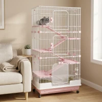 PawHut Small Animal Cage, 32" Multi-Level Metal Habitat with Lockable Wheels and Slide-Out Tray, Pink(m-8)