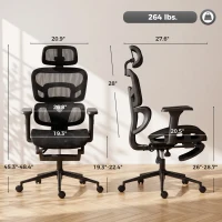 HOMCOM Ergonomic Office Chair with Lumbar Support, 2D Headrest, Mesh Reclining Desk Chair with Footrest, Swivel Wheels, Black(m-3)