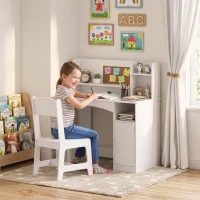 Qaba Kids Desk and Chair Set, Wooden Children Study Table with Tiltable Desktop, Storage Cabinet, Hutch for 3-12, White(m-2)