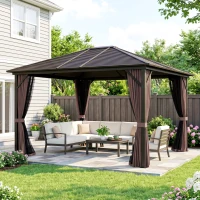 Outsunny 10' x 12' Hardtop Gazebo with Curtains and Netting, Gazebo Canopy with Aluminum Frame and Hooks, Coffee(m-2)