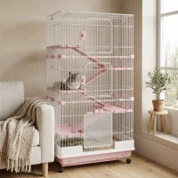 PawHut Small Animal Cage, 32" Multi-Level Metal Habitat with Lockable Wheels and Slide-Out Tray, Pink(m-2)