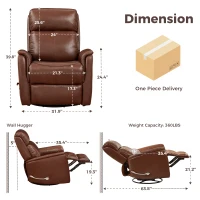 Genuine Leather Swivel Rocker Recliner with Wingback and Flared Arms, Versatile Lounge Chair for Living Room, 32'' L x 54.5"W x 39.5" H, Brown(m-3)