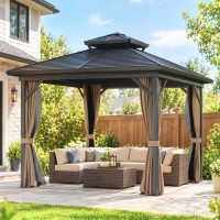 Outsunny 10' x 10' Hardtop Gazebo with Aluminum Frame, Metal Roof Gazebo Canopy w/ Hook, Curtains included, Dark Brown(m-2)