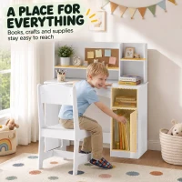 Qaba Kids Desk and Chair Set, Wooden Children Study Table with Tiltable Desktop, Storage Cabinet, Hutch for 3-12, White(m-5)